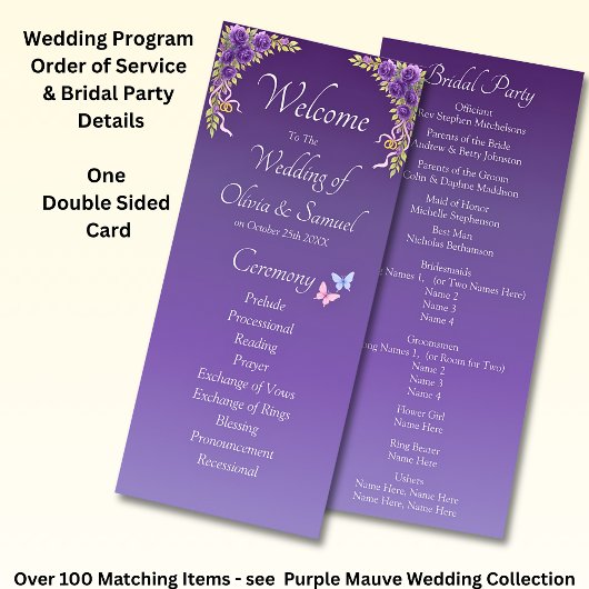 Welcome to Wedding Ceremony, Purple Mauve Flowers  Programmakaart