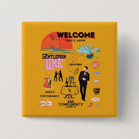WELCOME TRAVEL AGAIN VIERKANTE BUTTON 5,1 CM (Voorkant)