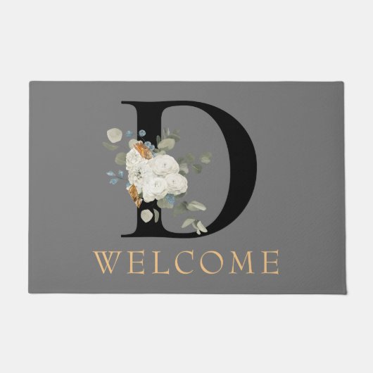 WELCOME White Floral Gold Accents Monogram D Deurmat (Voorkant)