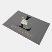 WELCOME White Floral Gold Accents Monogram L Deurmat (Schuin)