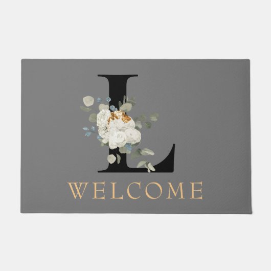 WELCOME White Floral Gold Accents Monogram L Deurmat (Voorkant)