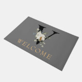 WELCOME White Floral Gold Accents Monogram V Deurmat (Schuin)