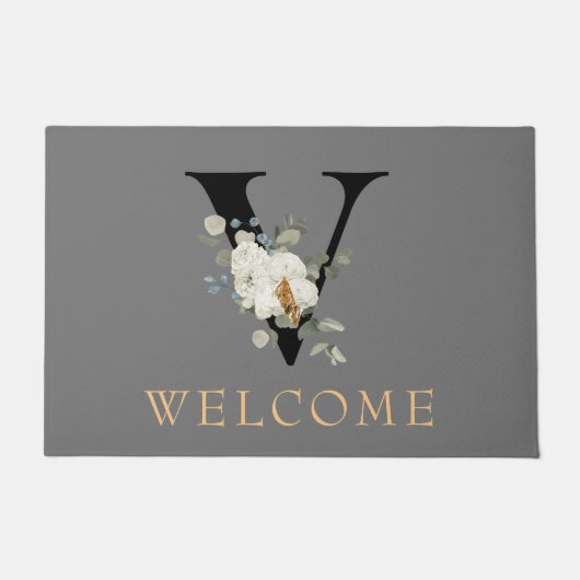 WELCOME White Floral Gold Accents Monogram V Deurmat (Voorkant)