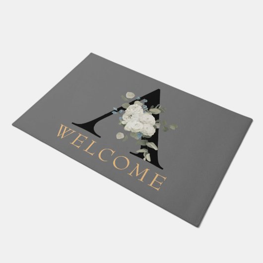 WELCOME White Floral Monogram A Doormat Deurmat (Schuin)
