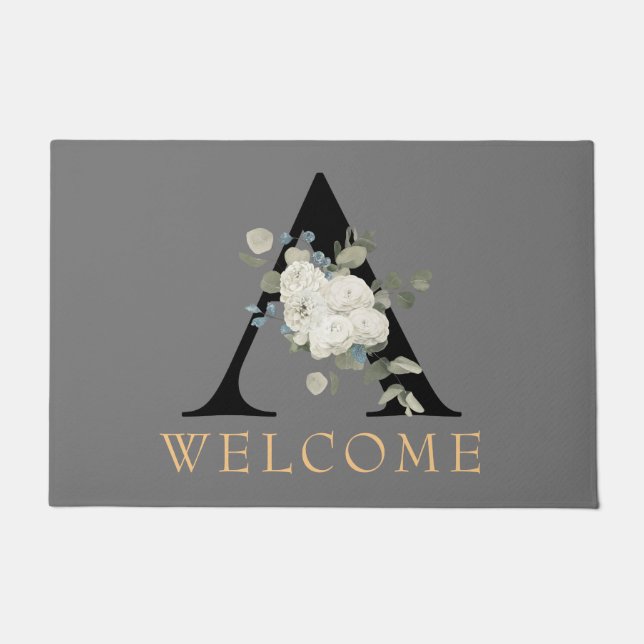 WELCOME White Floral Monogram A Doormat Deurmat (Voorkant)