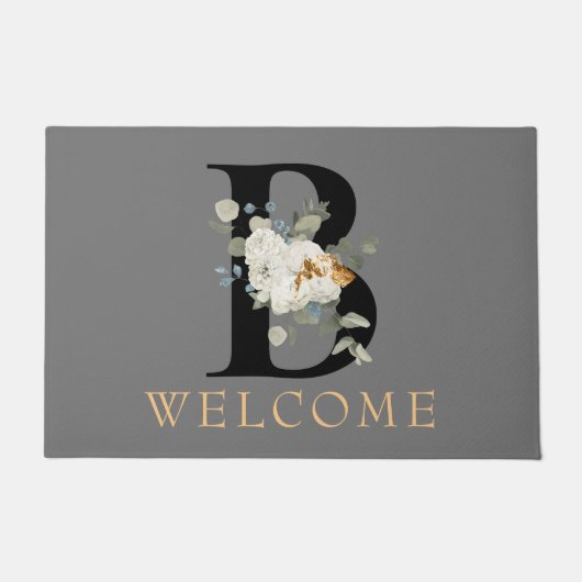 WELCOME White Floral Monogram B Doormat Deurmat (Voorkant)