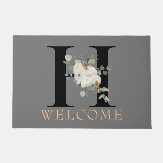 WELCOME White Floral Monogram H Doormat Deurmat (Voorkant)