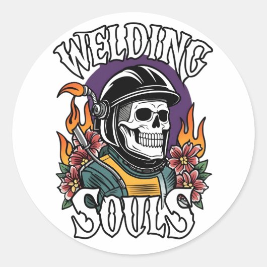 Welding Souls Retro Schedel Helm Torch Flames Art Ronde Sticker (Voorkant)