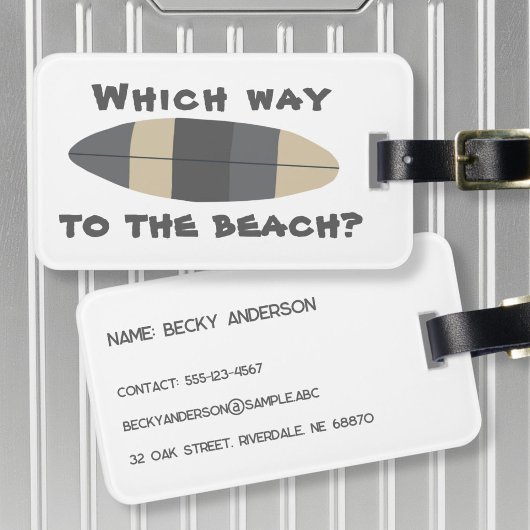 Welke kant is het strand op? Surfplank in grijs Bagagelabel