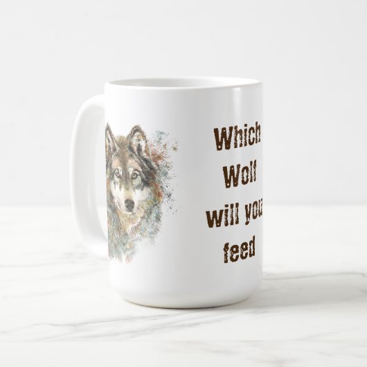 "Welke wolf zal je voeden" Inspirerend Wolf Art Koffiemok (Voorkant links)