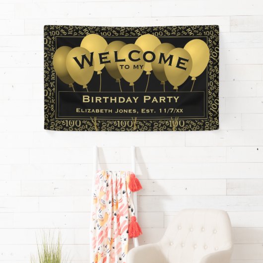 Welkom 100th Birthday Number Pattern | Zwart/goud Spandoek (Insitu)