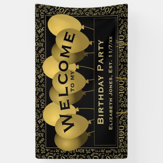 Welkom 100th Birthday Number Pattern | Zwart/goud Spandoek (Verticaal)