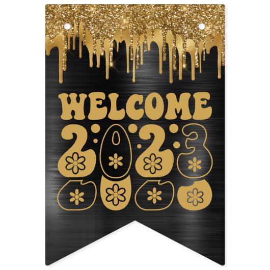 WELKOM 2023 BLACK & GOLD GLITTER DRIP CUSTOM VLAGGETJES (Tweede vlag)