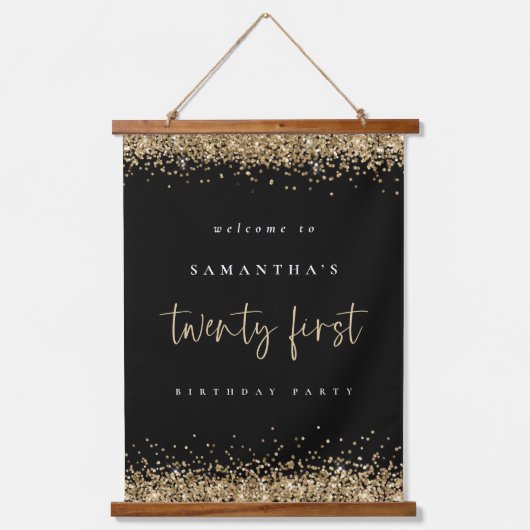 Welkom 21e Gold Glitter Name Black Hangend Wandkleed (Voorkant)