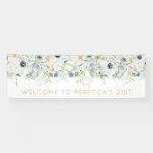 Welkom 21e partij naam witte bloemblaadjes spandoek (Horizontaal)