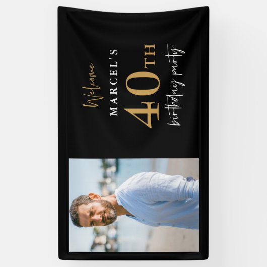 Welkom 40e verjaardag Foto Black en Gold Spandoek (Verticaal)