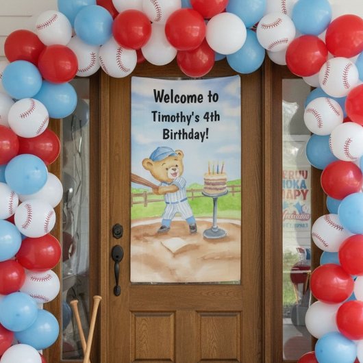 Welkom 4e Verjaardag Tee Ball Teddybeer Honkbal Spandoek