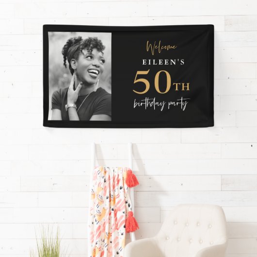 Welkom 50e verjaardag Foto Black en Gold Spandoek (Insitu)