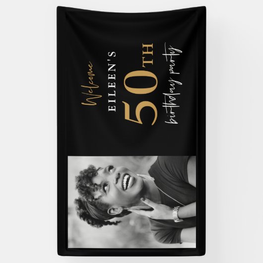 Welkom 50e verjaardag Foto Black en Gold Spandoek (Verticaal)