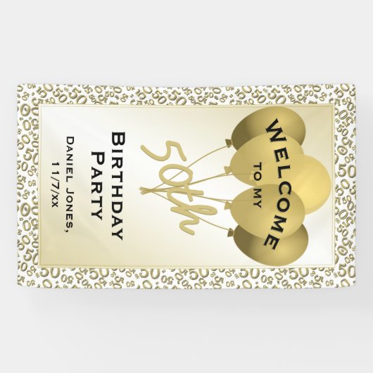 Welkom 50e verjaardag Nummer patten Gold en White Spandoek (Horizontaal)