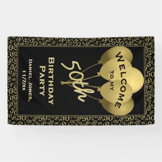 Welkom 50e verjaardag Nummer patten Gold en zwart Spandoek (Horizontaal)