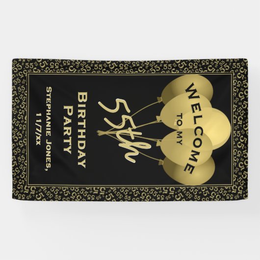 Welkom 55e verjaardag Nummer patten Gold en zwart Spandoek (Horizontaal)