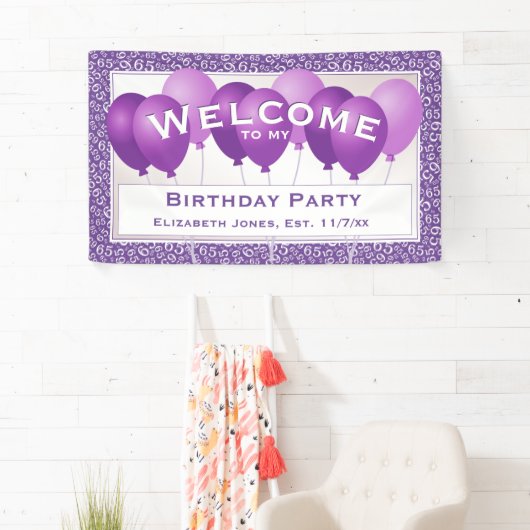 Welkom 65ste Verjaardag Nummer Patroon | Paars/wit Spandoek (Insitu)