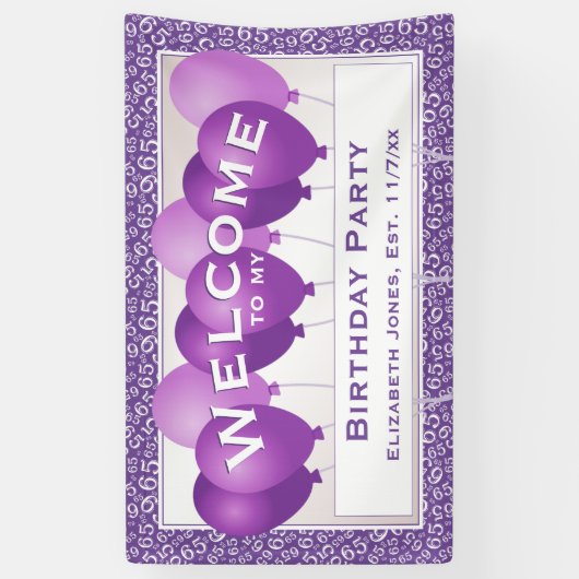 Welkom 65ste Verjaardag Nummer Patroon | Paars/wit Spandoek (Verticaal)