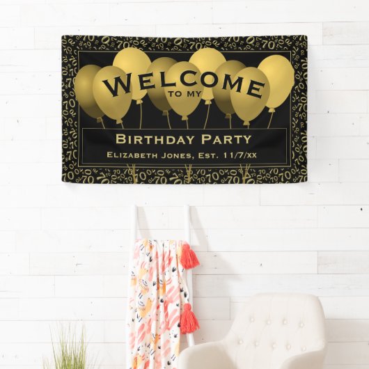 Welkom 70th Birthday Number Pattern | Zwart/goud Spandoek (Insitu)