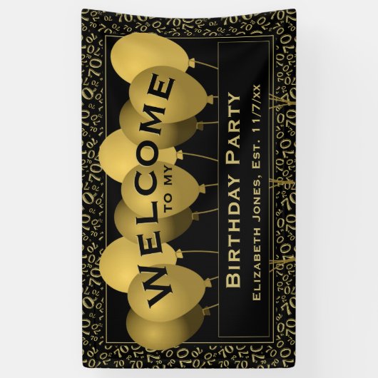 Welkom 70th Birthday Number Pattern | Zwart/goud Spandoek (Verticaal)