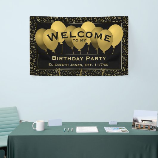 Welkom 75e geboortenummer | Zwart/goud Spandoek (Beurs)