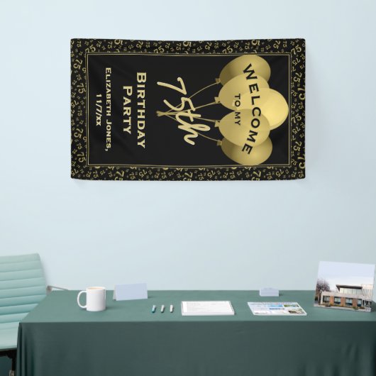Welkom, 75e verjaardag Nummer patten Gold en zwart Spandoek (Beurs)