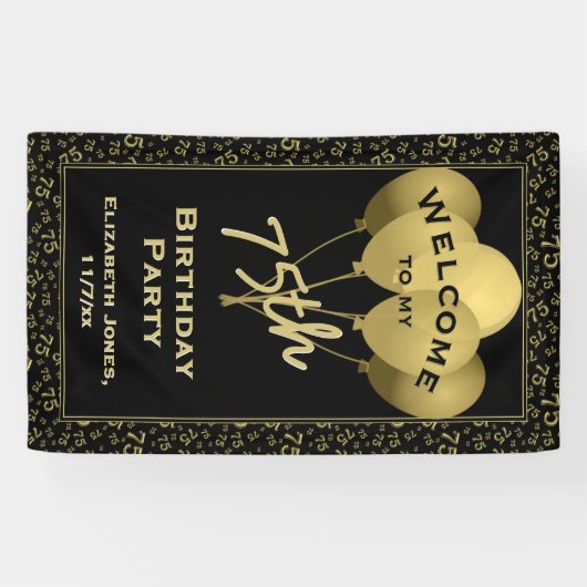 Welkom, 75e verjaardag Nummer patten Gold en zwart Spandoek (Horizontaal)