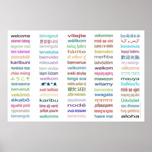 Welkom 80 talen Poster - 5 maten/wit (Voorkant)