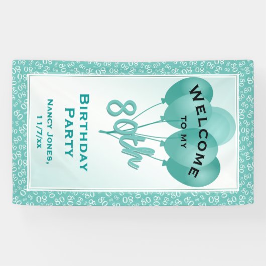 Welkom 80th Birthday Number Pattern - Blauwgroen/W Spandoek (Horizontaal)