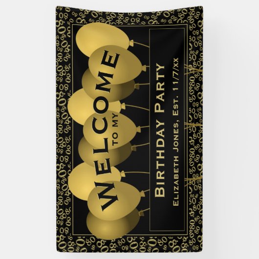 Welkom 80th Birthday Number Pattern | Zwart/goud Spandoek (Verticaal)