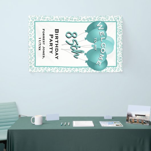 Welkom 85e verjaardag nummer Patten Blauwgroen/Wit Spandoek (Beurs)