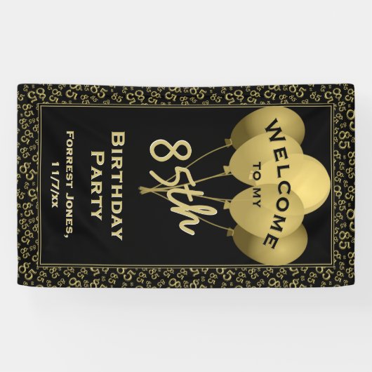 Welkom 85e verjaardag Nummer patten Gold en zwart Spandoek (Horizontaal)