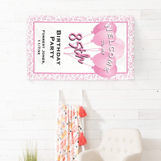 Welkom 85e verjaardag nummer Patten Roze/Wit Spandoek (Insitu)