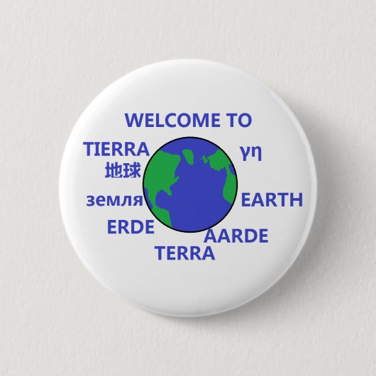 WELKOM AAN AARDE RONDE BUTTON 5,7 CM (Voorkant)