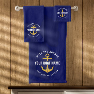 Welkom aan boord boot marineblauw goud maritieme a bad handdoek