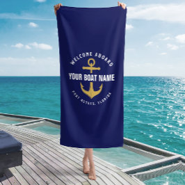 Welkom aan boord boot marineblauw goud maritieme a strandlaken
