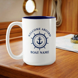 Welkom Aan Boord Boot Naam Anker Touw Roer Groot Tweekleurige Koffiemok