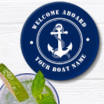 Welkom aan boord Bootnaam Anchor Rope Navy Onderze Onderzetter Set<br><div class="desc">Een nautisch thema onderzetter set met welkom aan boord en uw gepersonaliseerde bootnaam of andere gewenste tekst. Beschikt over een op maat ontworpen bootanker en touw. Komt in wit op marineblauw of verander eenvoudig de basiskleur in overeenstemming met uw huidige inrichting.</div>