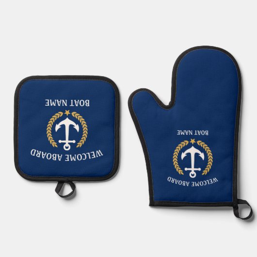 Welkom aan boord Bootnaam Anker Gold Laurel Star Ovenwant & Pannenlap Set (Voorkant)