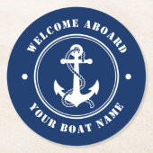 Welkom aan boord Bootnaam Anker Rope Navy Ronde Kartonnen Onderzetter (Voorkant)