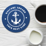 Welkom aan boord Bootnaam Anker Rope Navy Ronde Kartonnen Onderzetter<br><div class="desc">Een nautisch thema papier onderzetter set met welkom aan boord en uw gepersonaliseerde bootnaam of andere gewenste tekst. Beschikt over een op maat ontworpen bootanker en touw. Komt in wit op marineblauw of verander eenvoudig de basiskleur in overeenstemming met uw huidige inrichting.</div>