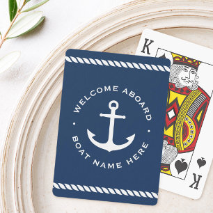 Welkom aan boord bootnaam ankerkabel donkerblauw pokerkaarten