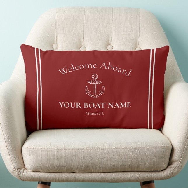 Welkom aan boord Bootnaam Bourgondië Rood Nautisch Kussen (Traditional Burgundy Welcome Aboard Nautical Pillow with Your Boat Name and Home Port)
