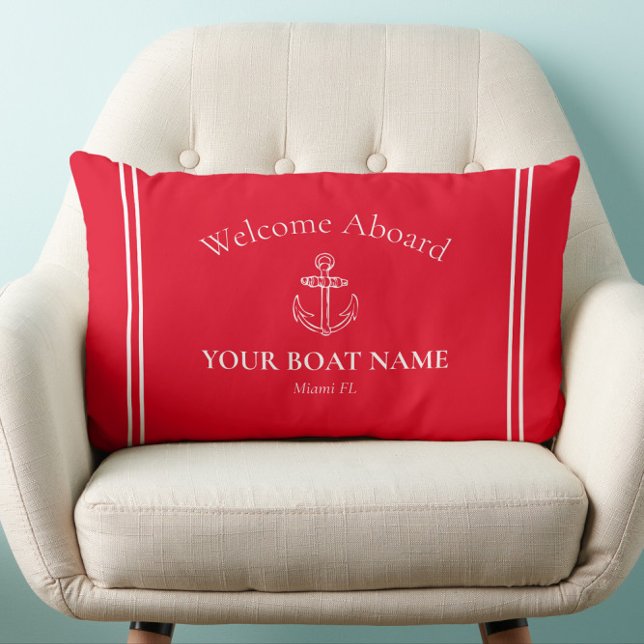 Welkom aan boord Bootnaam Bright Red Nautical Kussen (Red and White Traditional Nautical Welcome Aboard Boat Pillow with Your Boat Name and Home Port)